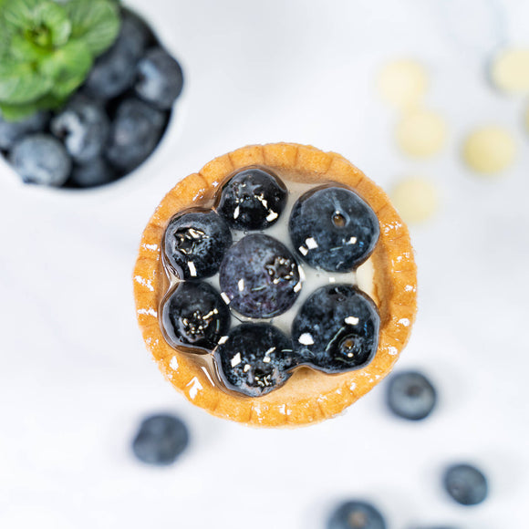 Blaubeer Tartelette –  besteht aus Mürbteig, einer Creme und ist mit mehreren Blaubeeren belegt, zur Deko frische Blaubeeren
